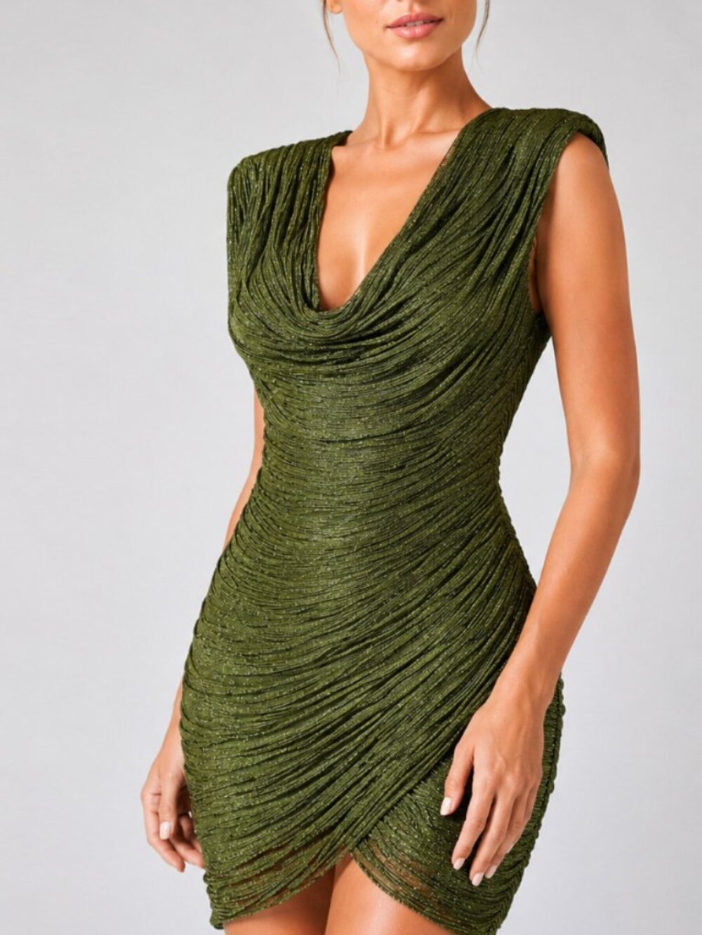 Olive Green Fringe V Neck Sleeveless Shimmer Ruched Bodycon Mini Dress